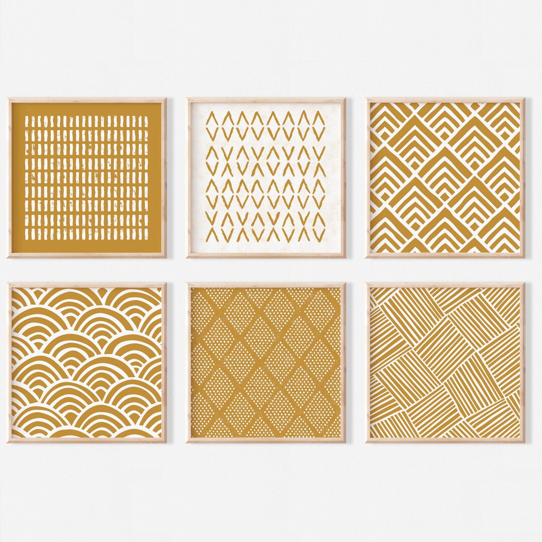Abstract Boho Mustard Yellow Gallery Wall | Set of 6 Square Yellow Art ...