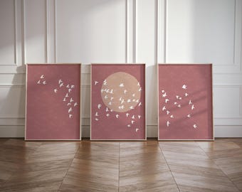 Set di 3 stampe artistiche da parete Japandi - Silhouette minimalista di uno stormo di uccelli per l'arredamento zen giapponese - Set di 3 stampe artistiche Wabi Sabi terroso