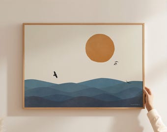 Ocean Waves Horizontal Poster with Birds and Sunrise, Blue Seaside Boho Style Wall Art