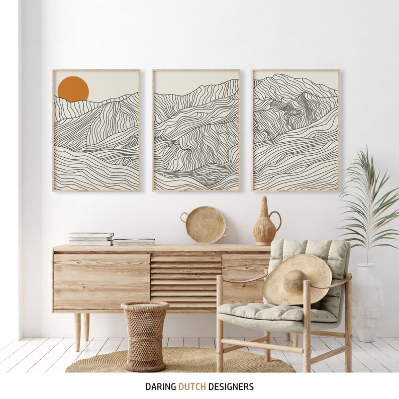 Line art print of the Japanese Alps. Set of 3 prints including black lines and beige background.