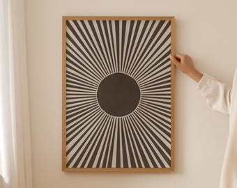 Boho Sun Poster with Sunbeams – Neutral Warm Brown Wall Art, Bohemian Decor Print for Modern Interiors