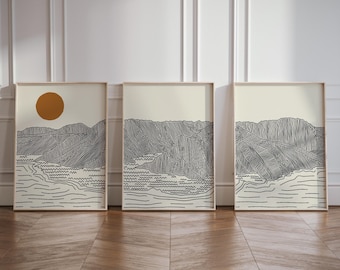 Set of 3 Oahu Hawaii Line Art Posters | Triptych Wall Art with Coastal & Mountain Views | Hawaiian Home Decor | XXL Poster Set Available
