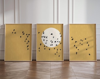 Japandi Set of 3 Posters – Moon Silhouette & Flock of Birds on Mustard Yellow | Scandinavian Japanese Triptych Wall Art Prints