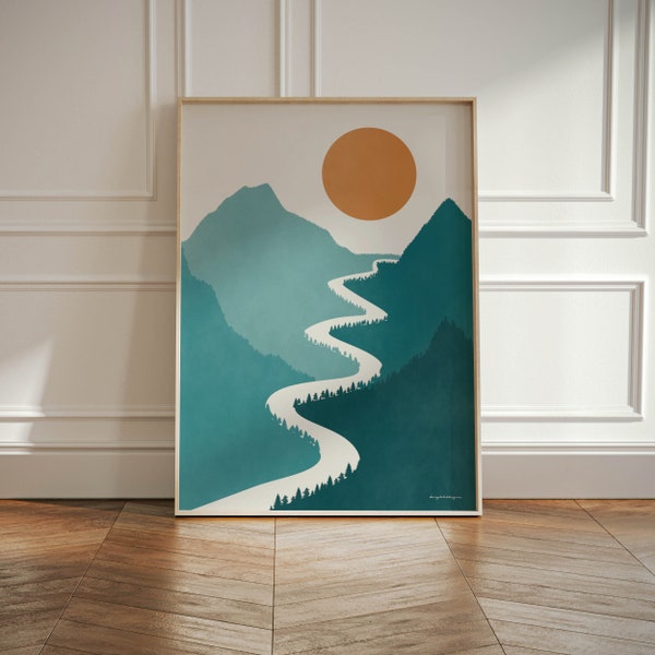 Abstract Teal GreenBlue Landscape Wall Art | Boho Mountains Sun Print | Teal Home Decor Poster | Also available A1 and A2 Size