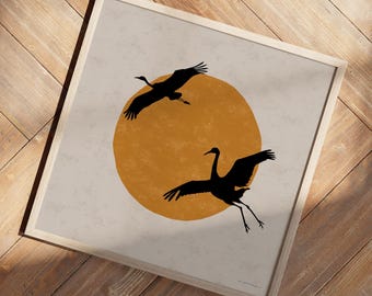 Japanese Wall Art Crane Birds Sun Silhouette, Japandi Decor Birds Art Print, Art Poster