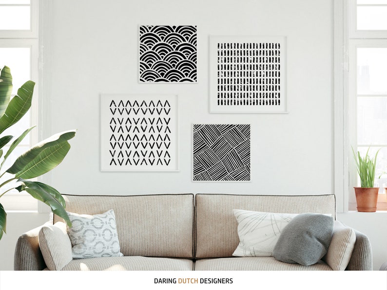 10x10 Print Set of 4 Black White Bohemian Squares Wall Art 4x4 6x6 8x8 12x12 Print Set of Four Black White Prints Set image 2