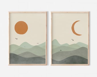 Sage Green Sun Moon Landscape Set of 2 | Mid Century Modern Printable Wall Art | Abstract Nature Modern Decor Poster | Instant Download