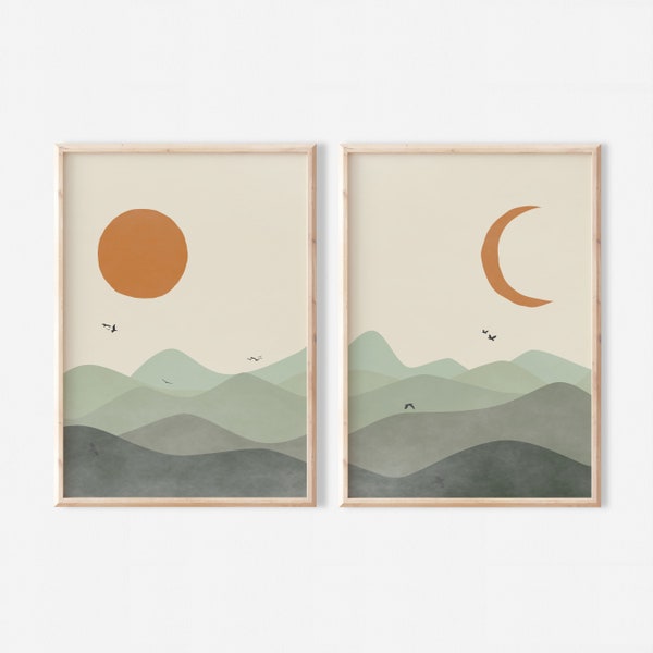 Sage Green Sun Moon Landscape Set of 2 | Mid Century Modern Printable Wall Art | Abstract Nature Modern Decor Poster | Instant Download