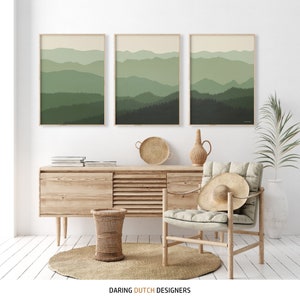 Appalachian Mountains Triptych Art Posters in sage green / evergreens color tones.