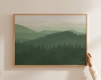 Horizontal Great Smoky Mountains Poster in Evergreens, Emerald and Sage Green Art Poster, North Carolina Tennessee National Park Print