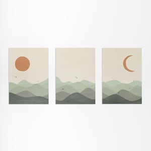 Set di 3 stampe verde salvia / Set di 3 stampe murali di metà secolo / Paesaggio minimalista con sole, luna e uccelli / Trittico verde salvia