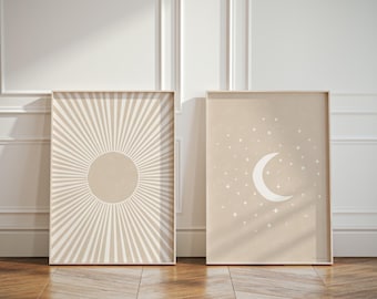 Neutral Sun and Moon Wall Art set of 2 | Beige Home Decor for Apartment Bedroom Living Room Art Print Set | Set of 2 Posters