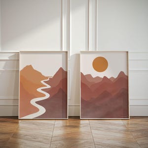 Herbst Art Prints 2er-Set | Fluss Sonne Berglandschaft Poster | Herbst Dekor | Abstrakte Natur Dekoration Diptychon