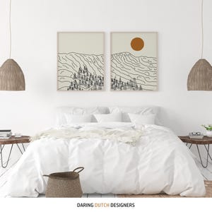 Bedroom with large Mount Mansfield line art poster set.