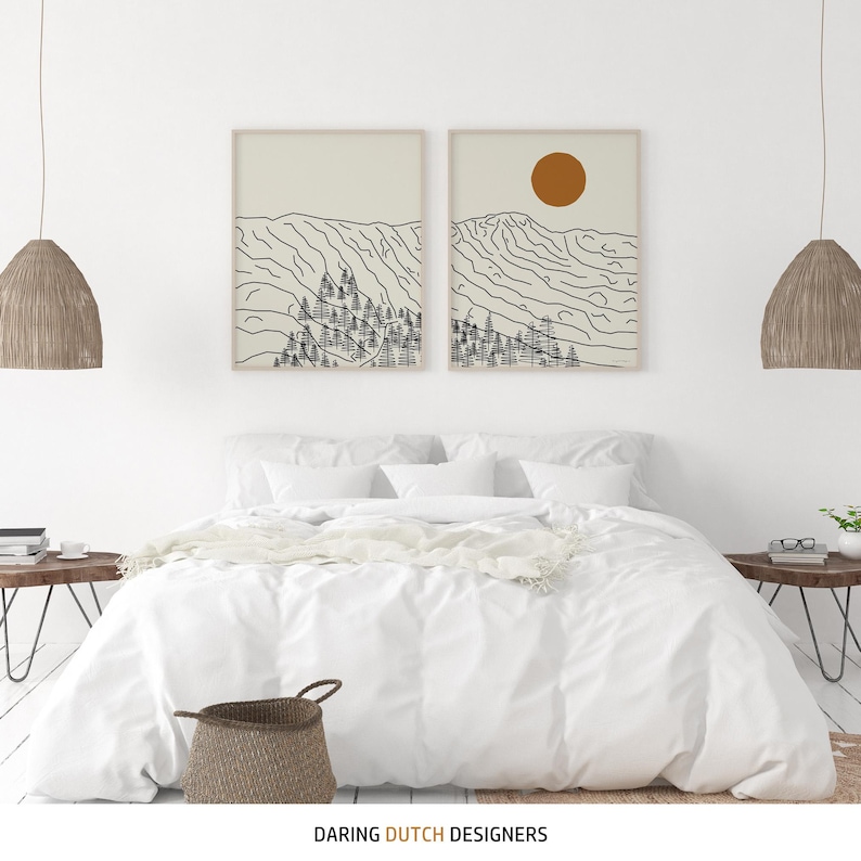 Bedroom with large Mount Mansfield line art poster set.