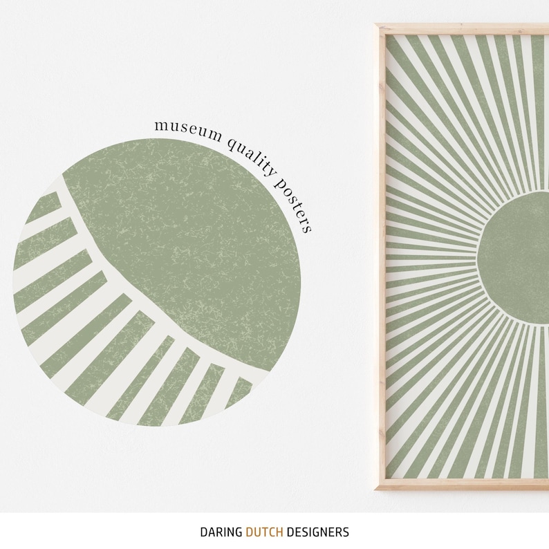 Puede incluir: Dos impresiones de arte abstracto con un esquema de color verde y blanco. Las impresiones presentan un dise&ntilde;o de rayos de sol y un c&iacute;rculo con una l&iacute;nea curva.