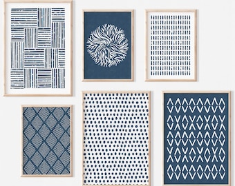 Scandinavian Minimalist Gallery Wall | Abstract Boho Navy Blue Print Set of 6 | Modern Living Room | Digital Download