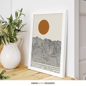 Poster displayed 12x18" of Kauai Hawaii with beige background and line art mountains.