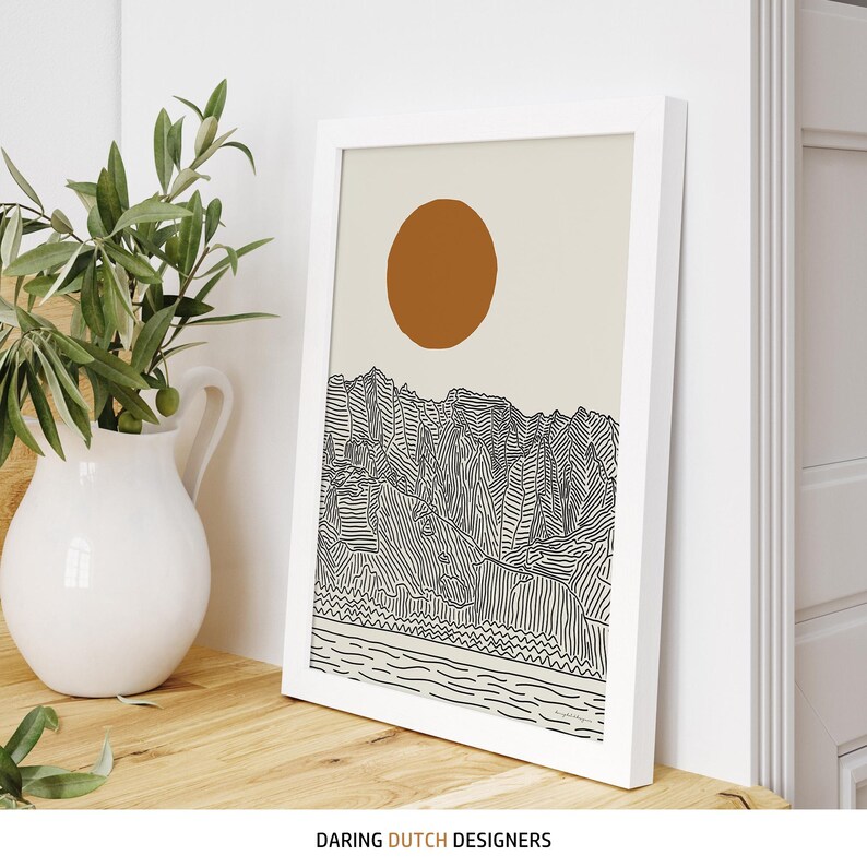 Poster displayed 12x18" of Kauai Hawaii with beige background and line art mountains.