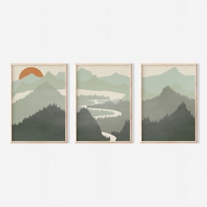 Sage Green Mountains Set of Three | Boho Abstract Landscape | Lake River | Gallery Wall | Digital Download