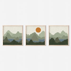 Sage Green Mountain Landscape Wall Art Set of 3 |  Square Sizes 10x10 12x12 16x16 20x20 24x24 Print | Mid-Century Style Triptych Poster Set