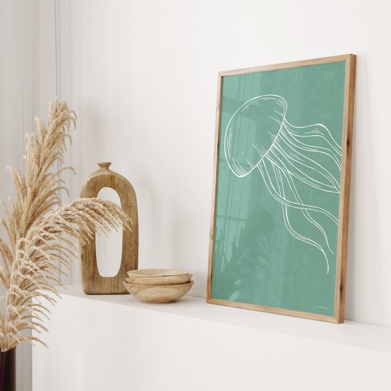 Jellyfish Poster in Turquoise, Sea Animal Ocean Wall Art, Coastal Marine Animal Print in Seagreen