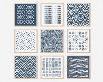 Gallery Wall Prints | Navy Blue Abstract Boho Art Set | Square Size | Digital Download