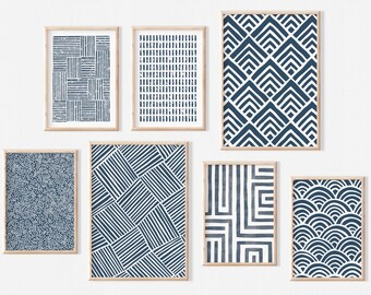 Navy Blue Abstract Prints Set | Indigo Blue Wall Art Set | Set of 7 Digital Printables