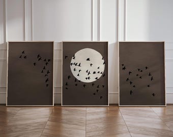 Chocolate Brown Japandi Scandi Wall Art Set of 3 Prints with Flock of Birds Full Moon Silhouette