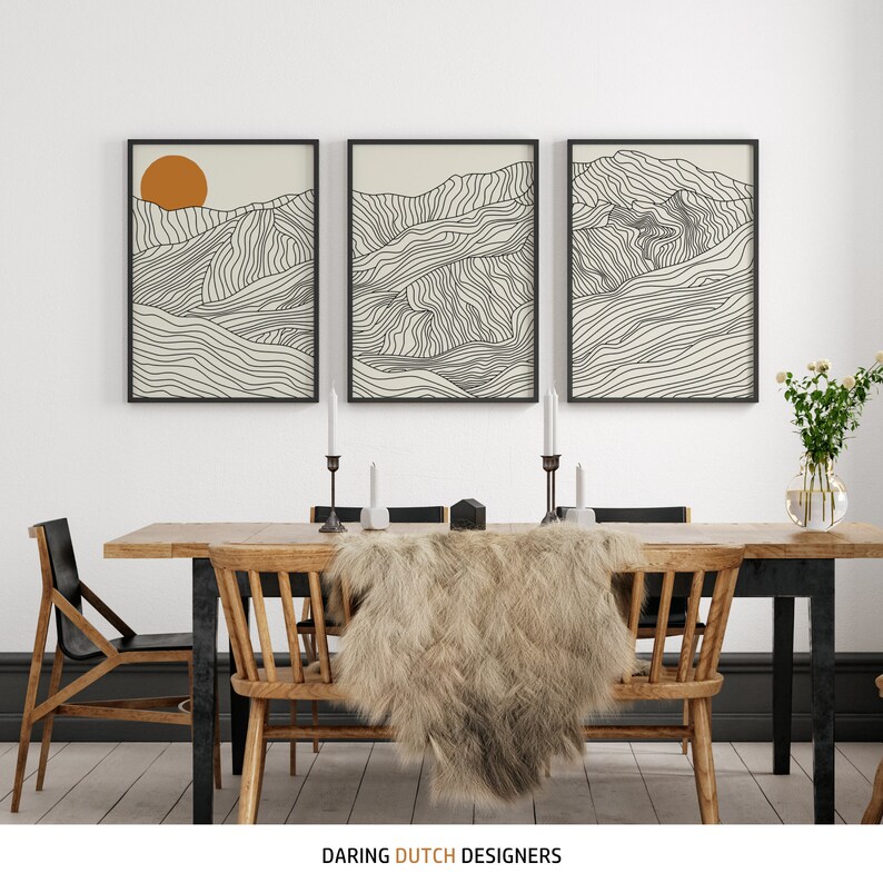 Create a Japanese Style home decor with this line art set of 3 wall art prints of the Japanese Alps.