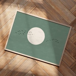 Horizontal Green Japandi Poster with Flock of Birds Moon Silhouette - Japanese Scandi Wall Art, Extra Large XXL Sizes available