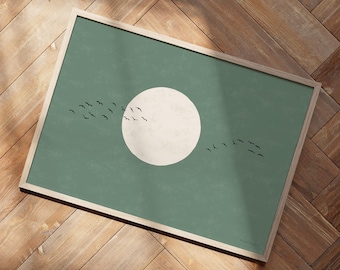 Horizontal Green Japandi Poster with Flock of Birds Moon Silhouette - Japanese Scandi Wall Art, Extra Large XXL Sizes available