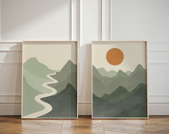 Set of 2 Sage Green Wall Art Posters, 2 Piece Boho Style Art Prints for Bedroom Living Room Dining, Nature Mountains Bohemian Wall Decor