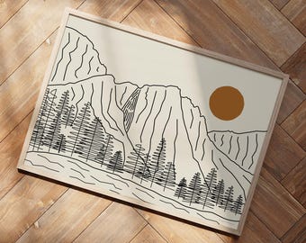 Yosemite Falls Valley Line Art | Waterfall Line Art | Yosemite National Park | Sunset Mountains Trees Wall Art | Horizontal Poster