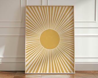 Póster de sol amarillo mostaza: impresión de arte mural bohemio de mediados de siglo, un amanecer feliz, decoración de pared colorida para sala de estar y dormitorio.