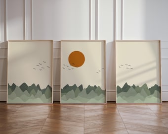 Set of 3 Boho Nursery Wall Art | Sage Green Mountains Birds and Sun Triptych Print | Boho Mid-Century Modern Decor Posters