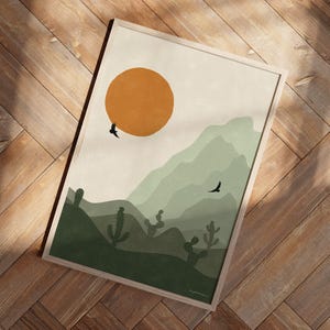 Salbeigrünes Kaktus Poster - Boho Wandkunst Inspiriert von der mexikanischen Wüste mit Adlern und Sonne, südwestlichen Boho Haus und Cottage Dekor