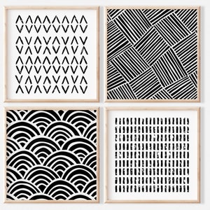 10x10 Print Set of 4 Black White Bohemian Squares Wall Art 4x4 6x6 8x8 12x12 Print Set of Four Black White Prints Set image 1