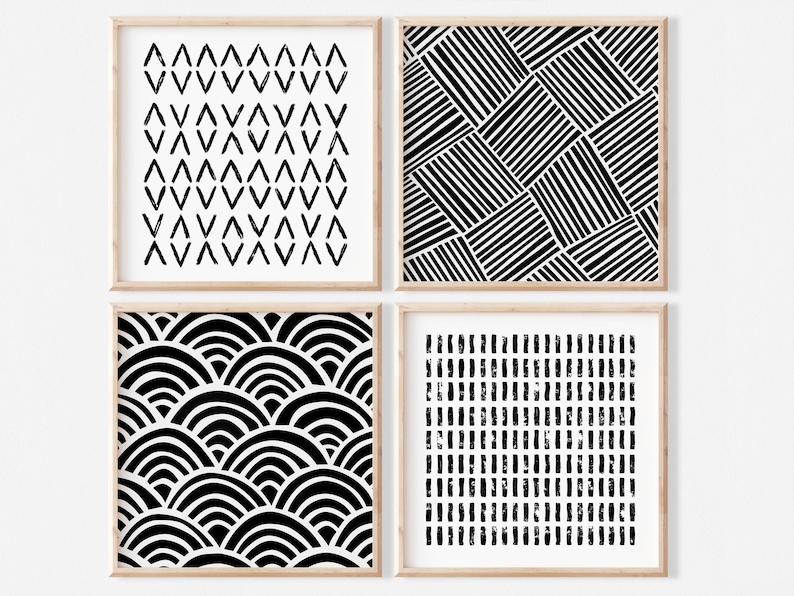 10x10 Print Set of 4 Black White Bohemian Squares Wall Art 4x4 6x6 8x8 12x12 Print Set of Four Black White Prints Set image 1