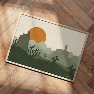 Südwestliche Wüstenlandschaft Poster - Salbeigrüner Kaktus mit orangefarbener Sonne, horizontale Wanddekoration, Arizona inspiriertes Haus Kunstdruck