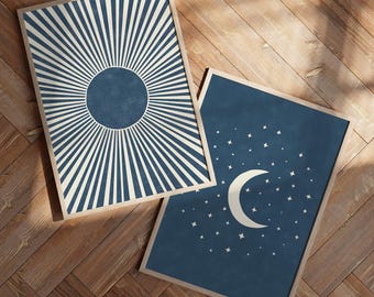 Boho Sun and Moon Print Set of 2 | Navy Blue Mid Century Modern Posters | Minimal Wall Art | Sun Moon Stars Abstract Art Prints