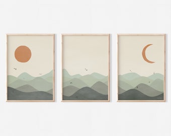 Set of 3 Sage Green Gender Neutral Nursery Art Prints | Sage Green Mid-Century Modern Landscape with Sun Moon and Birds Wall Art | Triptych