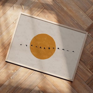 Arte de parede japonesa horizontal, bando de pássaros, impressão artística do sol japonês, pintura de pássaros, decoração minimalista japonesa