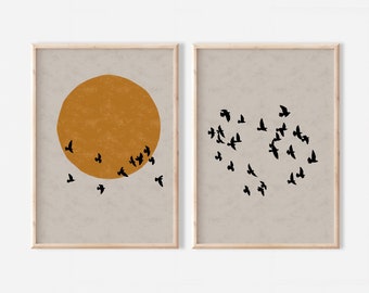 Japandi Set of 2 Art Prints with Flock of Birds Sunrise, Abstract Wall Art Japanese Home Decor, Continuous Beige Posters, Digital Download