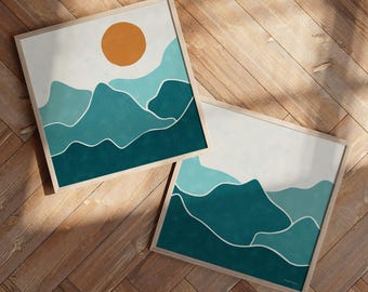 Juego de 2 pósteres de paisaje de montaña turquesa con sol / Juego de 2 láminas color verde azulado / Arte de pared cuadrado de hasta 60 x 60 cm (24 x 24 pulgadas)