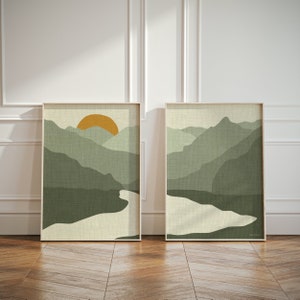 Set of 2 Sage Green Home Decor Wall Art Posters, Boho Landscape Diptych Art Prints, Linen Look Posters for Living Room, Bedroom, Nursery