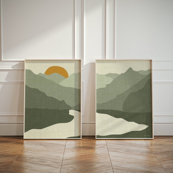 Set of 2 Sage Green Home Decor Wall Art Posters, Boho Landscape Diptych Art Prints, Linen Look Posters for Living Room, Bedroom, Nursery