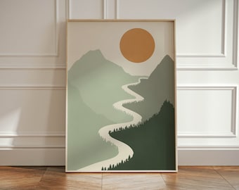 Sage Green Wall Decor Poster, Abstract Boho Landscape Wall Art, Bohemian Scenery Poster with Sun Mountains and River