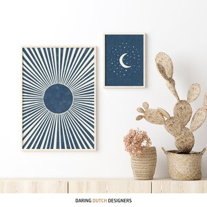 Blue Boho Sun and Moon Set of 2 Art Prints, Bohemian Wall Art for ...