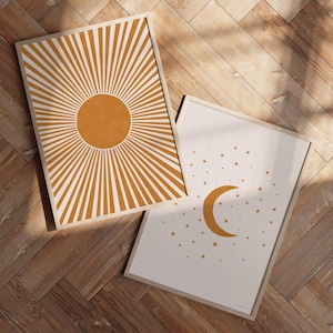 Juego de 2 impresiones de sol y luna / Pósteres bohemios de sol y luna de mediados de siglo / Sol, luna y estrellas naranjas / Decoración de pared / Arte de pared para habitación infantil
